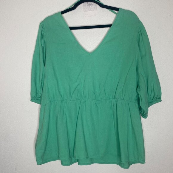 Gap Baby Doll Linen Blend Top Womens Size XXL Green Puff Sleeve Peasant Boho - Picture 3 of 8